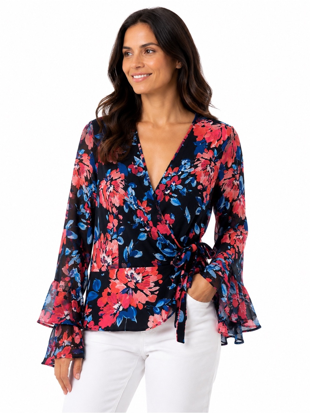 PerSeption Concept Black Wrap Blouse with Pink & Blue Floral Print
